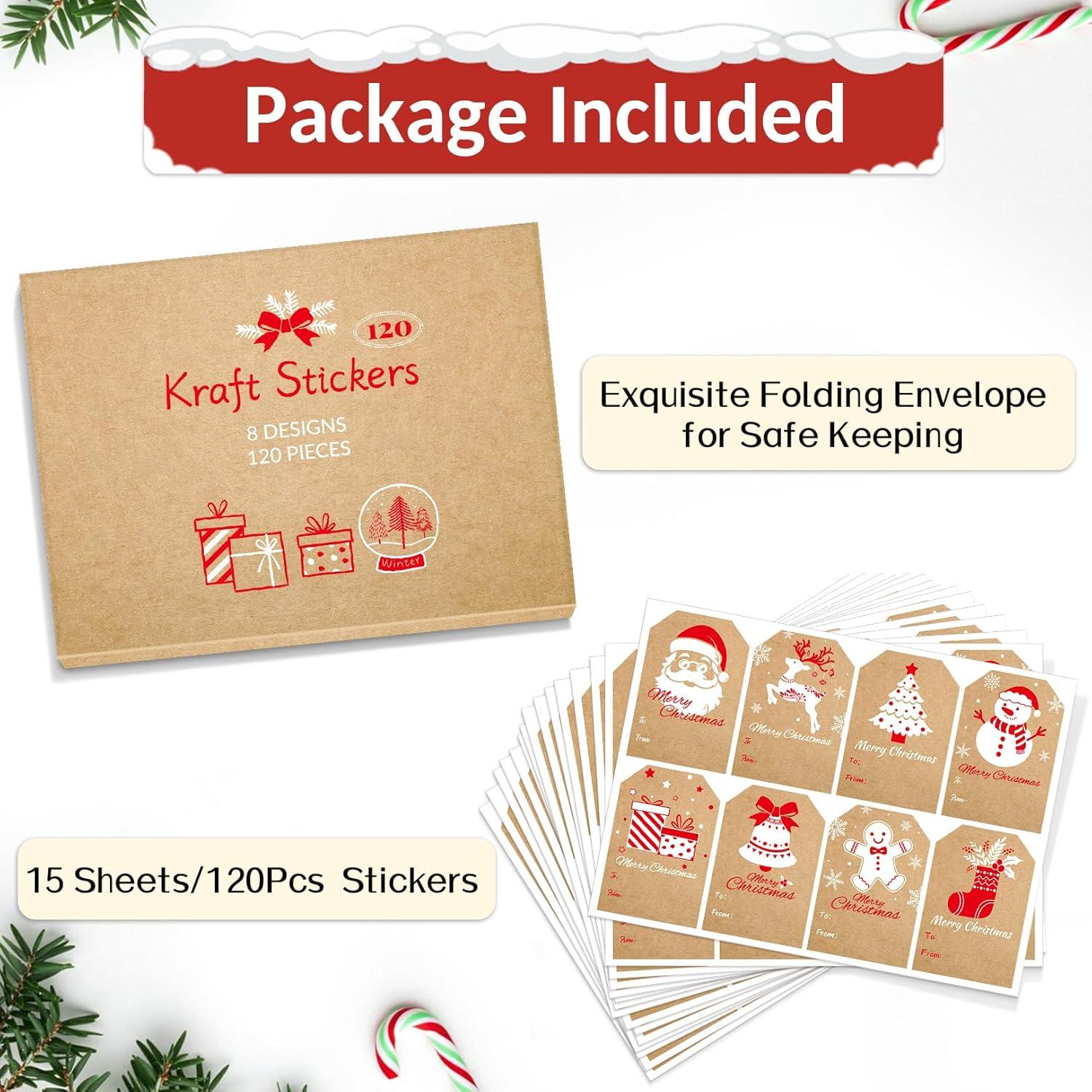 imageSooez Christmas Gift Tags Natural Kraft Gift Stickers for Christmas Presents Self Adhesive to and from Name Tags 120Pcs Xmas Present Labels for Holiday Wrapping Paper 8 Designs 2quot x 3quot GreenStyle2