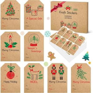 imageSooez Christmas Gift Tags Natural Kraft Gift Stickers for Christmas Presents Self Adhesive to and from Name Tags 120Pcs Xmas Present Labels for Holiday Wrapping Paper 8 Designs 2quot x 3quot GreenStyle1