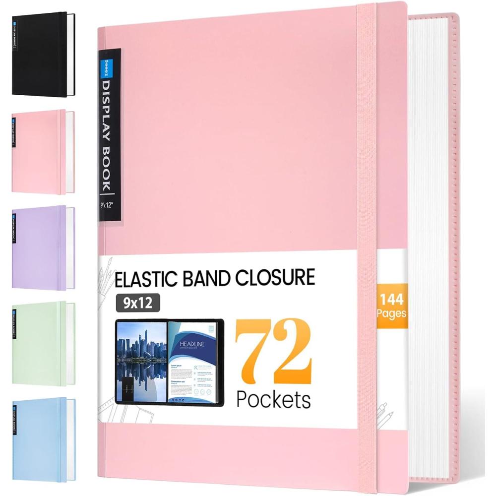 imageSooez Art Portfolio 9quotx12quot 72 Pockets Large Portfolio Folder Display 144 Pages Heavy Duty Binder with Plastic SleevesampampElastic Band Presentation Book with Clear Sheet Protector for Artwork OrganizerPink