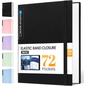 imageSooez Art Portfolio 9quotx12quot 72 Pockets Large Portfolio Folder Display 144 Pages Heavy Duty Binder with Plastic SleevesampampElastic Band Presentation Book with Clear Sheet Protector for Artwork OrganizerBlack