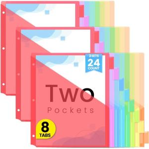 imageSooez 8 Count Dividers with Two Pockets Binder Dividers with tabs 8 Tabs Binder Dividers for 3 Ring Binders Binder Divider with Pockets for School Office Home Organizers Multicolor 1 Set3 Sets