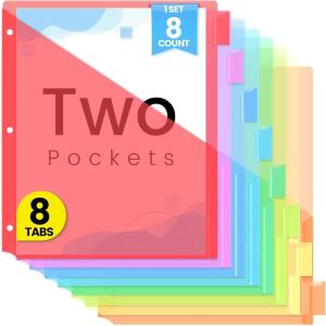 imageSooez 8 Count Dividers with Two Pockets Binder Dividers with tabs 8 Tabs Binder Dividers for 3 Ring Binders Binder Divider with Pockets for School Office Home Organizers Multicolor 1 Set1 Set