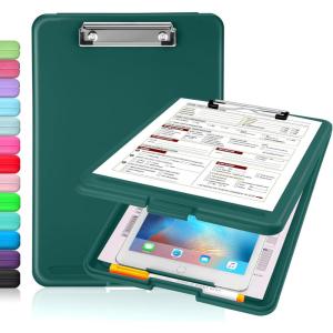 imageSooez Clipboard with Storage Plastic Storage Clipboard with Low Profile Clip Heavy Duty Nursing Clipboards Foldable Coaches Clip Board for Work Kids Teacher Must Haves Office School SuppliesDark Green