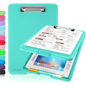 imageSooez Clipboard with Storage Plastic Storage Clipboard with Low Profile Clip Heavy Duty Nursing Clipboards Foldable Coaches Clip Board for Work Kids Teacher Must Haves Office School SuppliesAturquoise