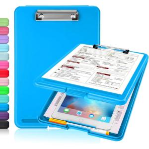 imageSooez Clipboard with Storage Plastic Storage Clipboard with Low Profile Clip Heavy Duty Nursing Clipboards Foldable Coaches Clip Board for Work Kids Teacher Must Haves Office School SuppliesAblue