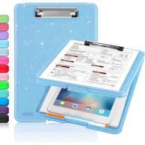 imageSooez Clipboard with Storage Plastic Storage Clipboard with Low Profile Clip Heavy Duty Nursing Clipboards Foldable Coaches Clip Board for Work Kids Teacher Must Haves Office School SuppliesBglitter Blue
