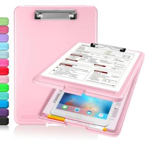 imageSooez Clipboard with Storage Plastic Storage Clipboard with Low Profile Clip Heavy Duty Nursing Clipboards Foldable Coaches Clip Board for Work Kids Teacher Must Haves Office School SuppliesAlight Pink