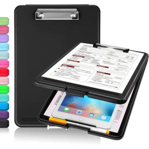 imageSooez Clipboard with Storage Plastic Storage Clipboard with Low Profile Clip Heavy Duty Nursing Clipboards Foldable Coaches Clip Board for Work Kids Teacher Must Haves Office School SuppliesAblack