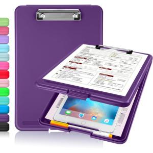 imageSooez Clipboard with Storage Plastic Storage Clipboard with Low Profile Clip Heavy Duty Nursing Clipboards Foldable Coaches Clip Board for Work Kids Teacher Must Haves Office School SuppliesPurple