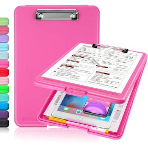 imageSooez Clipboard with Storage Plastic Storage Clipboard with Low Profile Clip Heavy Duty Nursing Clipboards Foldable Coaches Clip Board for Work Kids Teacher Must Haves Office School SuppliesArose Pink