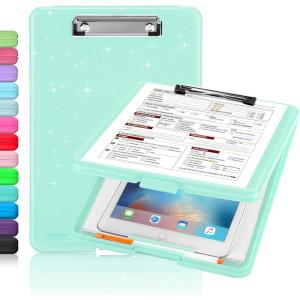 imageSooez Clipboard with Storage Plastic Storage Clipboard with Low Profile Clip Heavy Duty Nursing Clipboards Foldable Coaches Clip Board for Work Kids Teacher Must Haves Office School SuppliesBglitter Turquoise