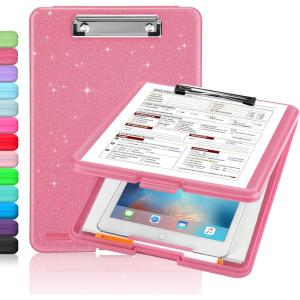 imageSooez Clipboard with Storage Plastic Storage Clipboard with Low Profile Clip Heavy Duty Nursing Clipboards Foldable Coaches Clip Board for Work Kids Teacher Must Haves Office School SuppliesBglitter Rose Pink