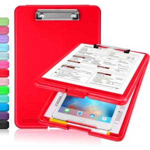 imageSooez Clipboard with Storage Plastic Storage Clipboard with Low Profile Clip Heavy Duty Nursing Clipboards Foldable Coaches Clip Board for Work Kids Teacher Must Haves Office School SuppliesAred