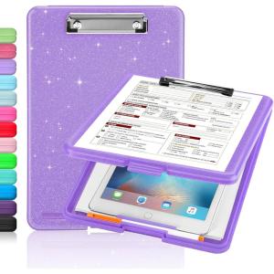 imageSooez Clipboard with Storage Plastic Storage Clipboard with Low Profile Clip Heavy Duty Nursing Clipboards Foldable Coaches Clip Board for Work Kids Teacher Must Haves Office School SuppliesBglitter Purple