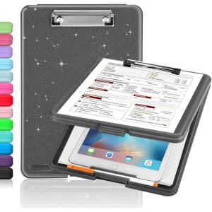 imageSooez Clipboard with Storage Plastic Storage Clipboard with Low Profile Clip Heavy Duty Nursing Clipboards Foldable Coaches Clip Board for Work Kids Teacher Must Haves Office School SuppliesBglitter Black