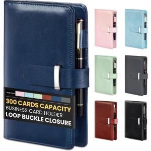 imageSooez 300 Capacity Business Card Holder Organizer Professional Business Card Holder Case Book with Secure Loop Premium Vegan Leather Credit Card Holder for Women Men Gift Card Storage GreyNavy Blue