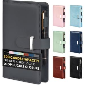 imageSooez 300 Capacity Business Card Holder Organizer Professional Business Card Holder Case Book with Secure Loop Premium Vegan Leather Credit Card Holder for Women Men Gift Card Storage GreyGrey
