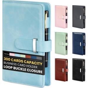 imageSooez 300 Capacity Business Card Holder Organizer Professional Business Card Holder Case Book with Secure Loop Premium Vegan Leather Credit Card Holder for Women Men Gift Card Storage GreyBlue