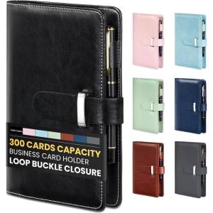 imageSooez 300 Capacity Business Card Holder Organizer Professional Business Card Holder Case Book with Secure Loop Premium Vegan Leather Credit Card Holder for Women Men Gift Card Storage GreyBlack