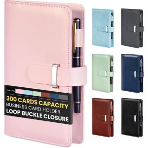 imageSooez 300 Capacity Business Card Holder Organizer Professional Business Card Holder Case Book with Secure Loop Premium Vegan Leather Credit Card Holder for Women Men Gift Card Storage GreyPink