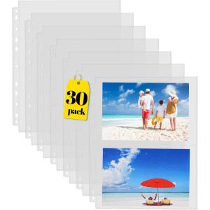 imageSooez 30 Pack Heavy Duty Photos or Postcards Page Protectors Plastic Clear Photo Holder Sleeves for 3 Ring Binder Two 5 x 7 Pockets Per Page Top Loading Perfect for Checking ampamp Organizing30